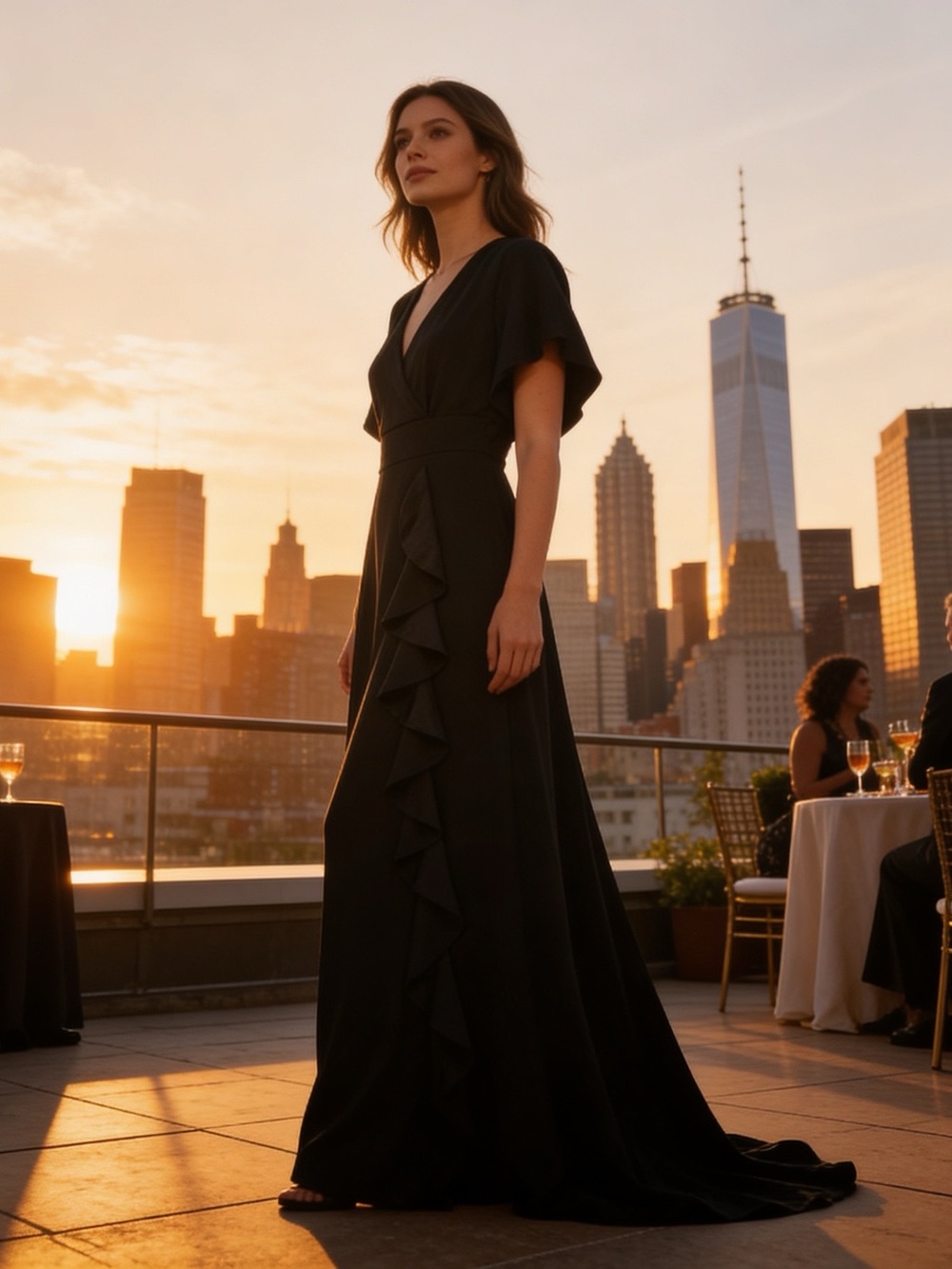 NWT Cooan Black V-Neck Ruffle Midi Dress Size L Cocktail Evening Dress